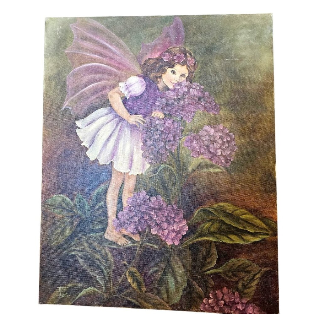 Heliotrope Fairy Canvas Painting Signed Purple Hydrangeas Floral Garden Mystical